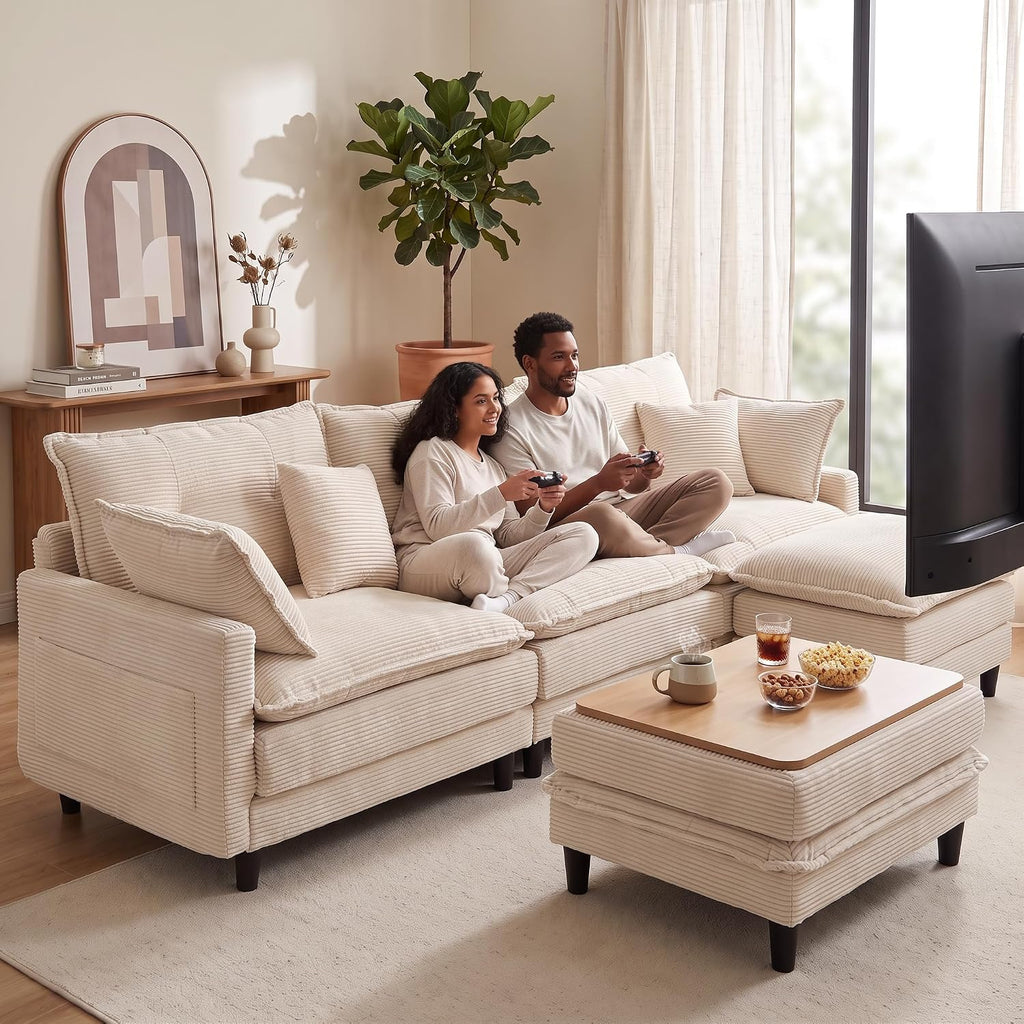 convertible corduroy ottoman cushion footrest, 3-in-1 storage coffee shown in use
