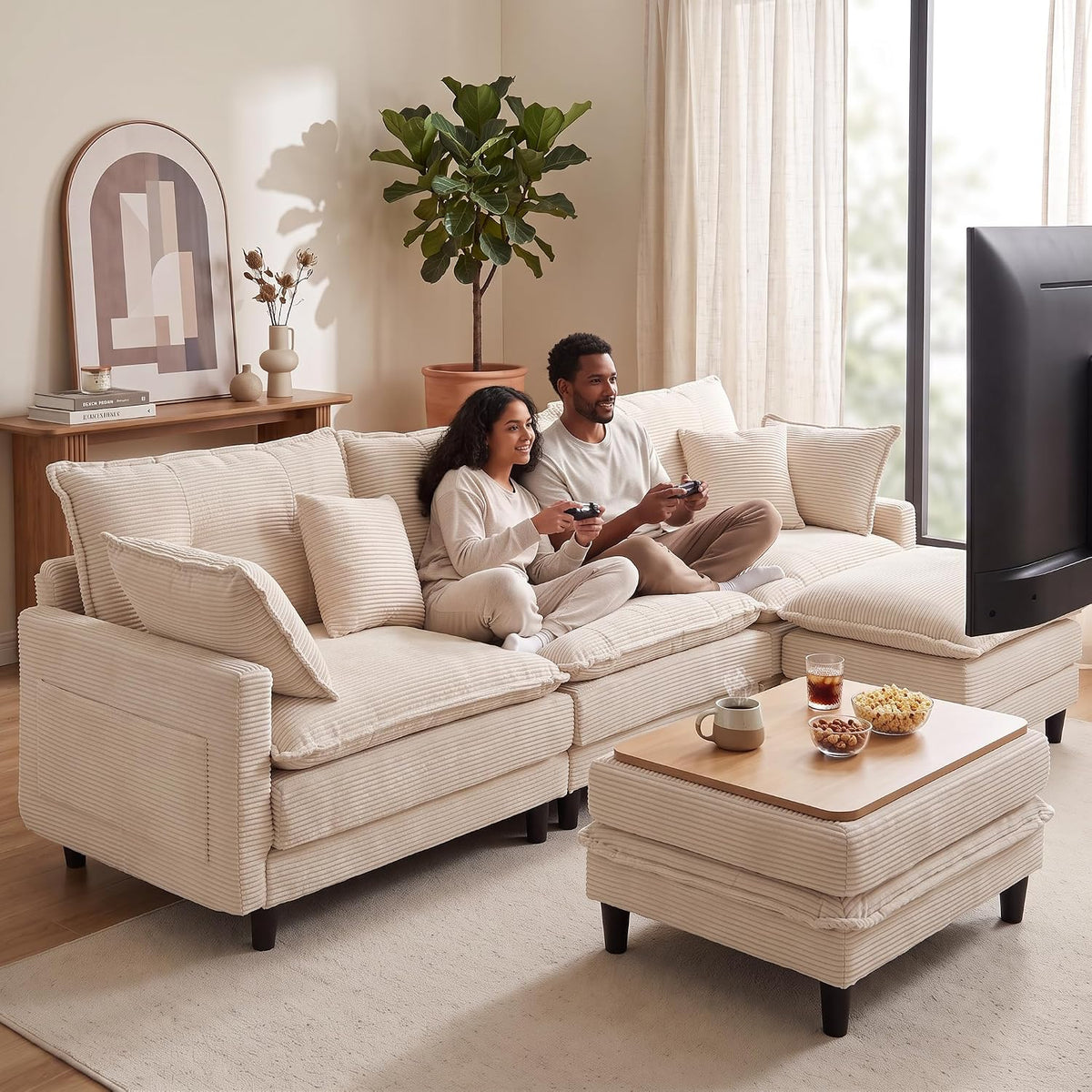 convertible corduroy ottoman cushion footrest, 3-in-1 storage coffee shown in use