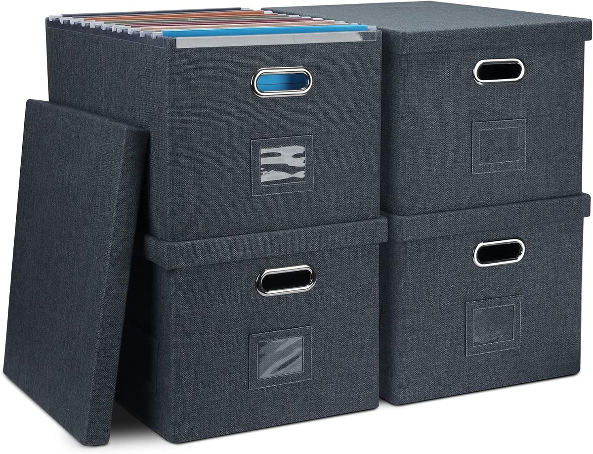 4-Pack Modern Minimalist Dark Gray Collapsible Linen File Folder Box