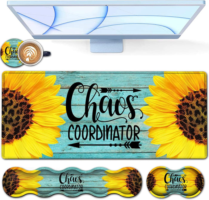Desk Pad, Keyboard Mouse Pad Set, Extended Gaming Mouse Pad+ Ergonomics Memory Foam Wrist Rest Support,31.5x11.8in Waterproof Large Mouse Pad for Home Office,Chaos Coordinator Sunflower XXL Mouse Mat
