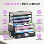 7-tier desk organizer with drawer and pen holder showing dimensions