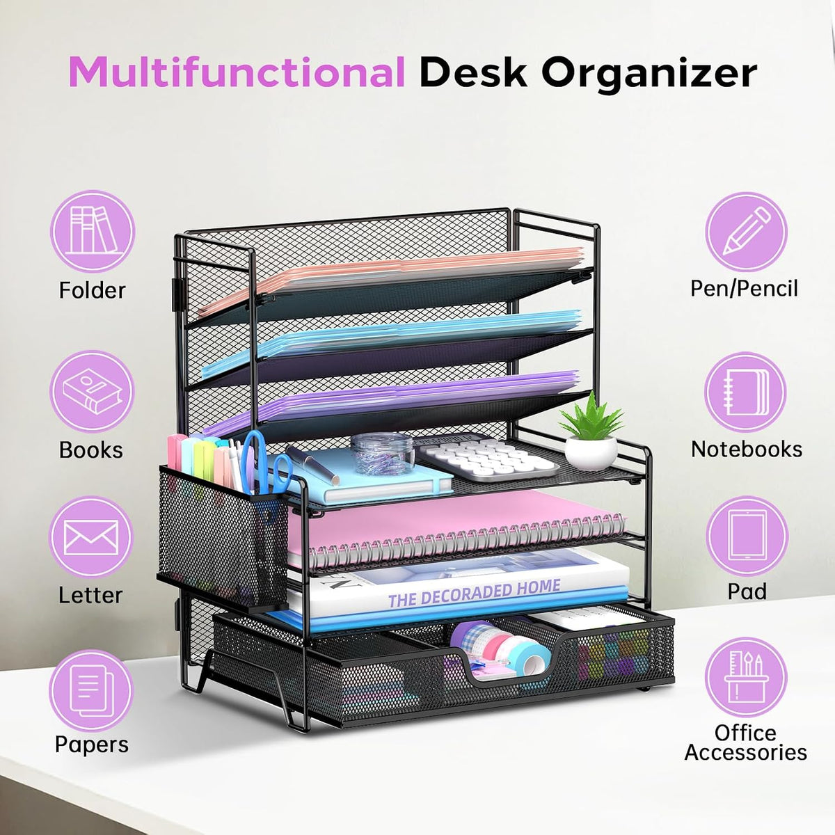 7-tier desk organizer with drawer and pen holder showing dimensions