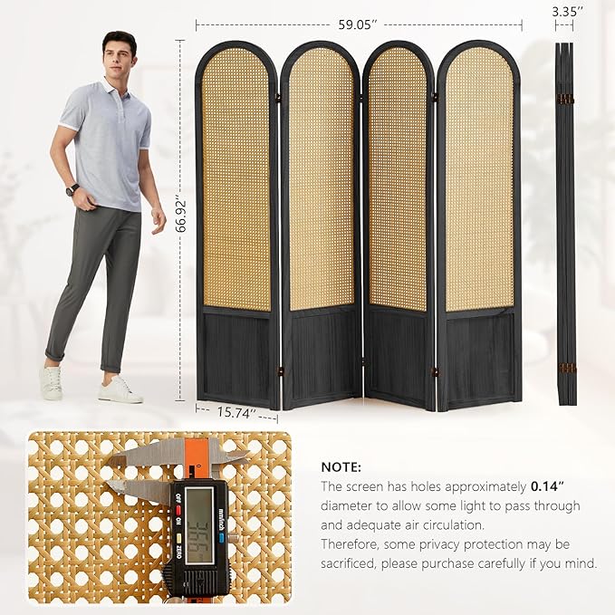 Asnefeli Room Divider 4 Panels, Folding Privacy Screen, Foldable Wood Rattan - Image 3