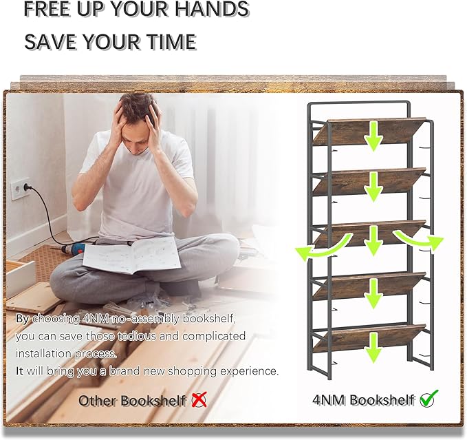 4NM No Assembly 5 Tiers Folding Bookshelf Storage Shelves Vintage Bookcase - Image 7