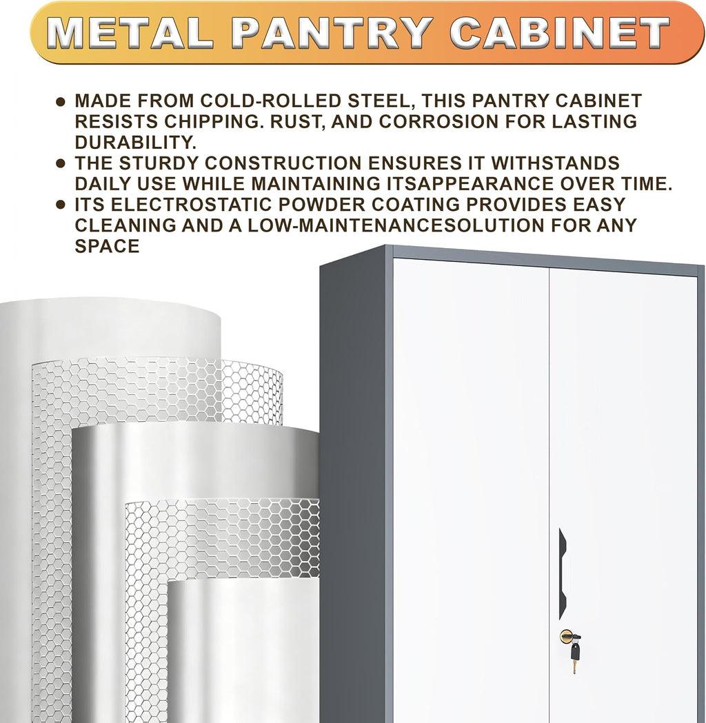61" metal garage storage cabinet with lock, broom showing dimensions