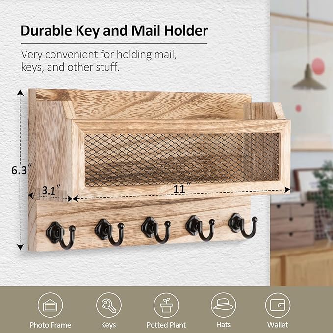 Nekon Mail and Key Holder for Wall Decorative, 11 Inch Wooden Wall Key Organizer - Image 6