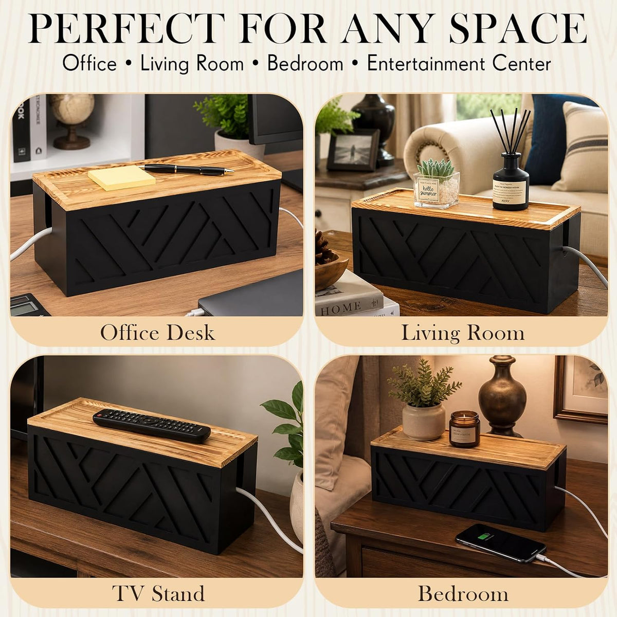 Chunful Large Wooden Cable Management Box, Geometric, Black