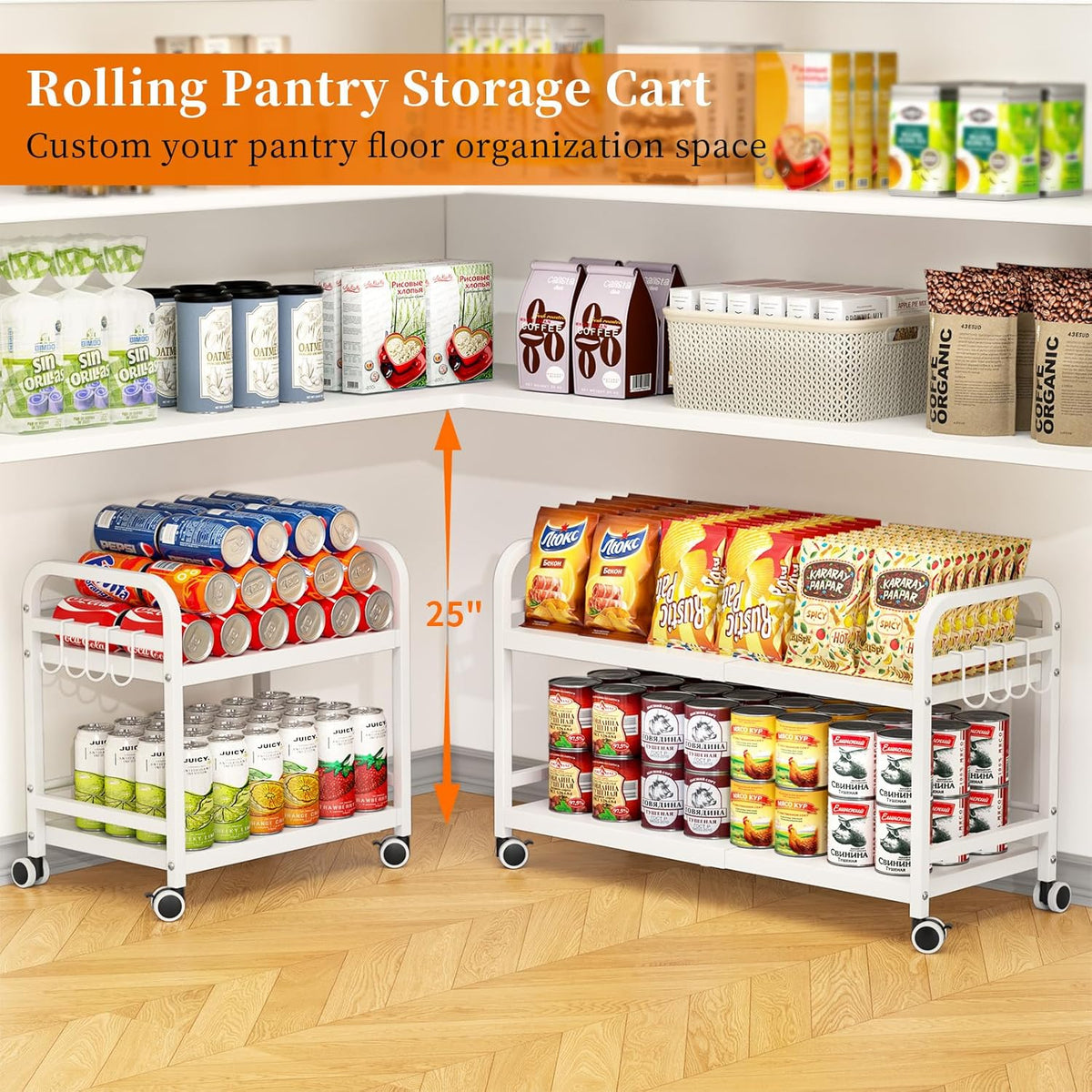 2-Tier Expandable Rolling Cart, Pantry Storage Cart with Wheels, Adjustable R...