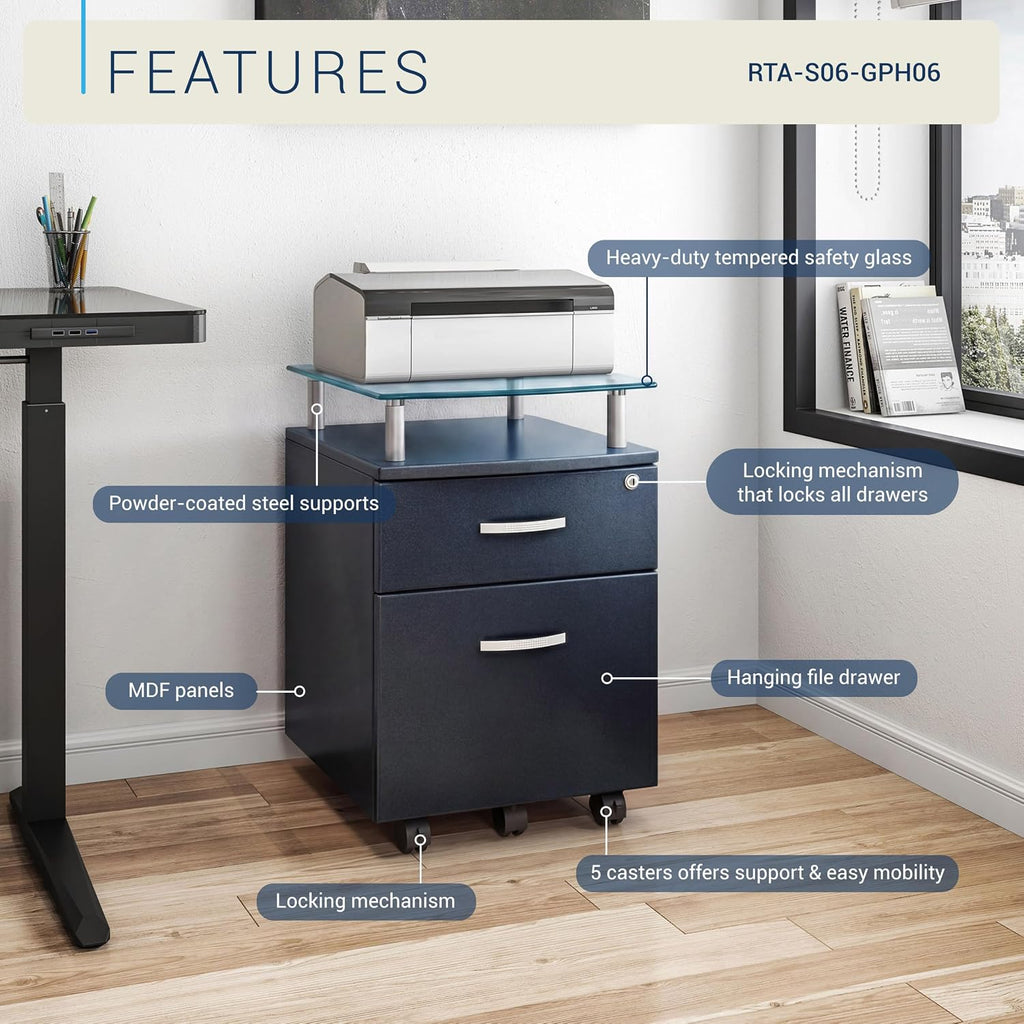 2‑Drawer Rolling File Cabinet with Lock, Glass Top,Fits Under‑Desk,Graphite | Rolling 2‑drawer file cabinet with lock, glass top, storage shelf, smooth wheels, under‑desk design work as a printer stand
