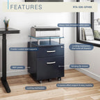 2‑Drawer Rolling File Cabinet with Lock, Glass Top,Fits Under‑Desk,Graphite | Rolling 2‑drawer file cabinet with lock, glass top, storage shelf, smooth wheels, under‑desk design work as a printer stand