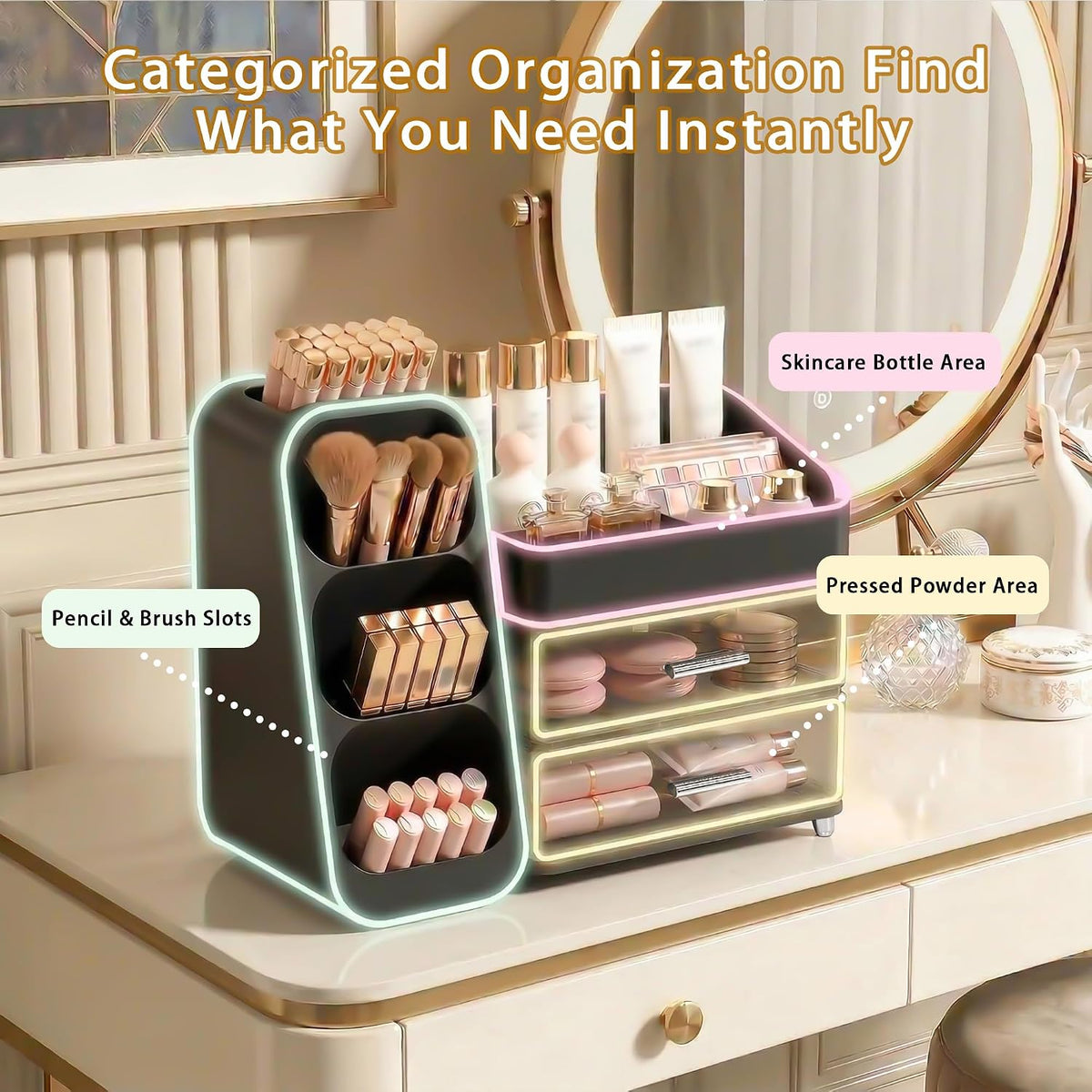 Large Capacity Makeup Organizer Countertop with Makeup Brush Holder for Vanit...