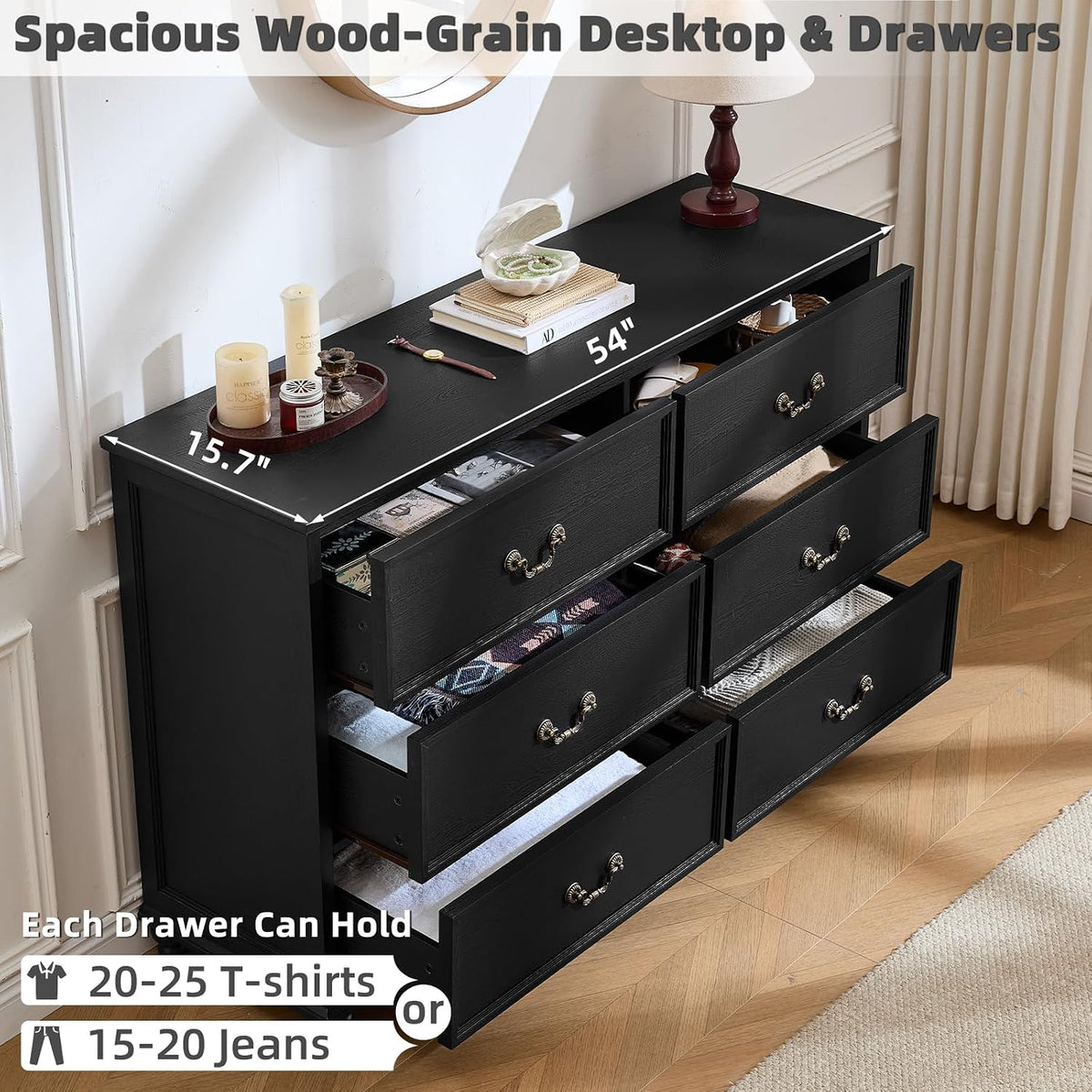 Joaxswe Farmhouse 6 Drawers Dresser for Bedroom, Vintage 54" Wide Chest ...