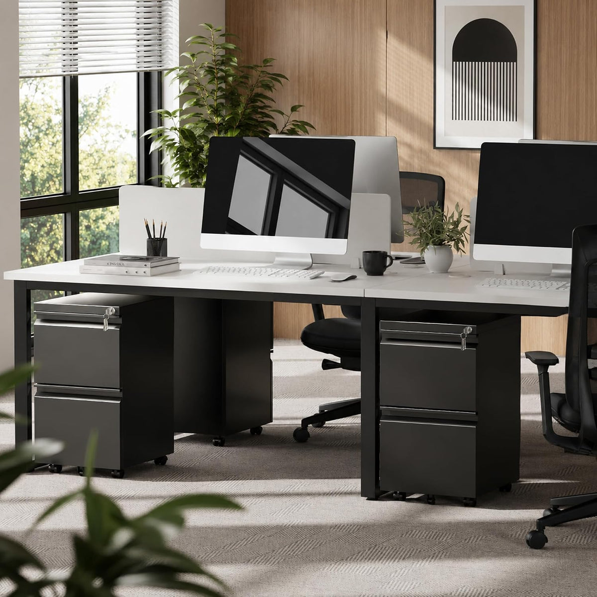 fully assembled 2 drawer mobile file cabinet with on a desk or shelf