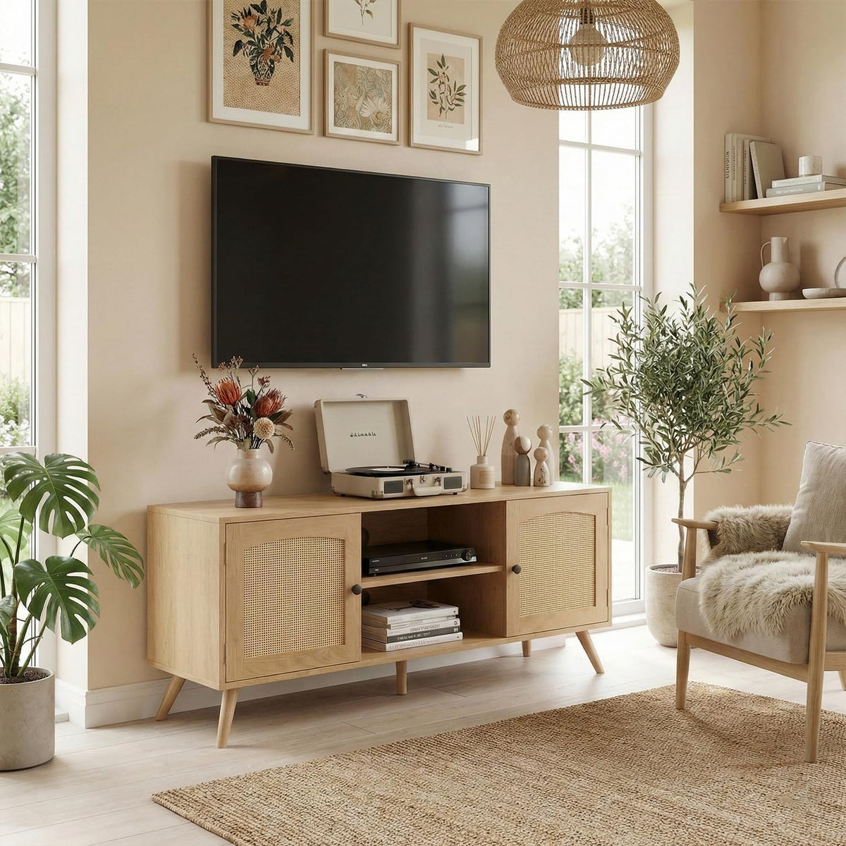 holzart Mid Century Modern Rattan TV Stand for 55/60 Inch TV - 53" Boho ...