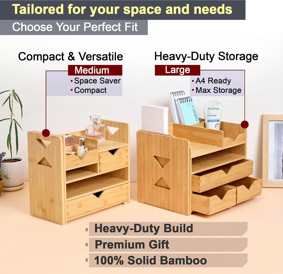 Pandorama Bamboo Desk Organizer Medium - Drawers & Adjustable File Holder...