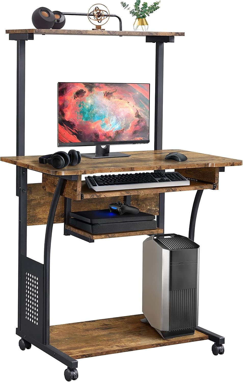 Topeakmart 2-Tier Rolling Desk with Printer Shelf & Keyboard Tray, Rustic...