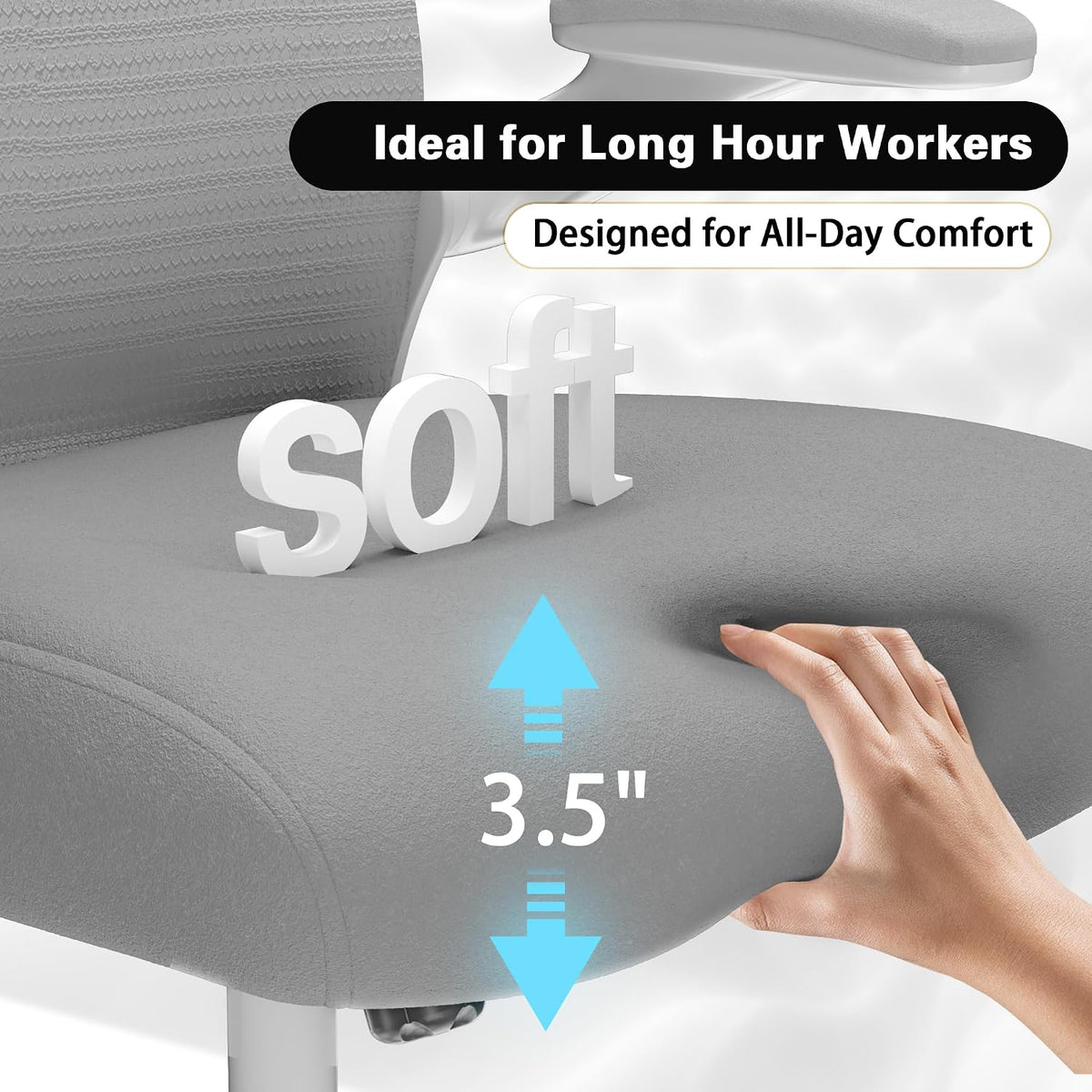 ergonomic home office chair, 4-way lumbar, thick cushion, side view