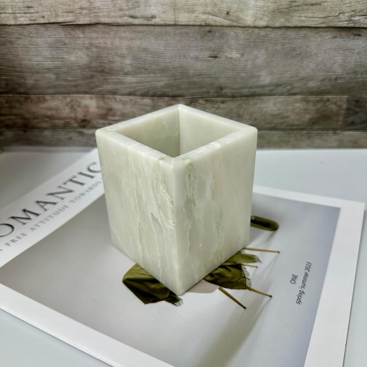 Natural Marble Pen Holder, 2.95" x 3.74" Square Hand-Polished Desk ...