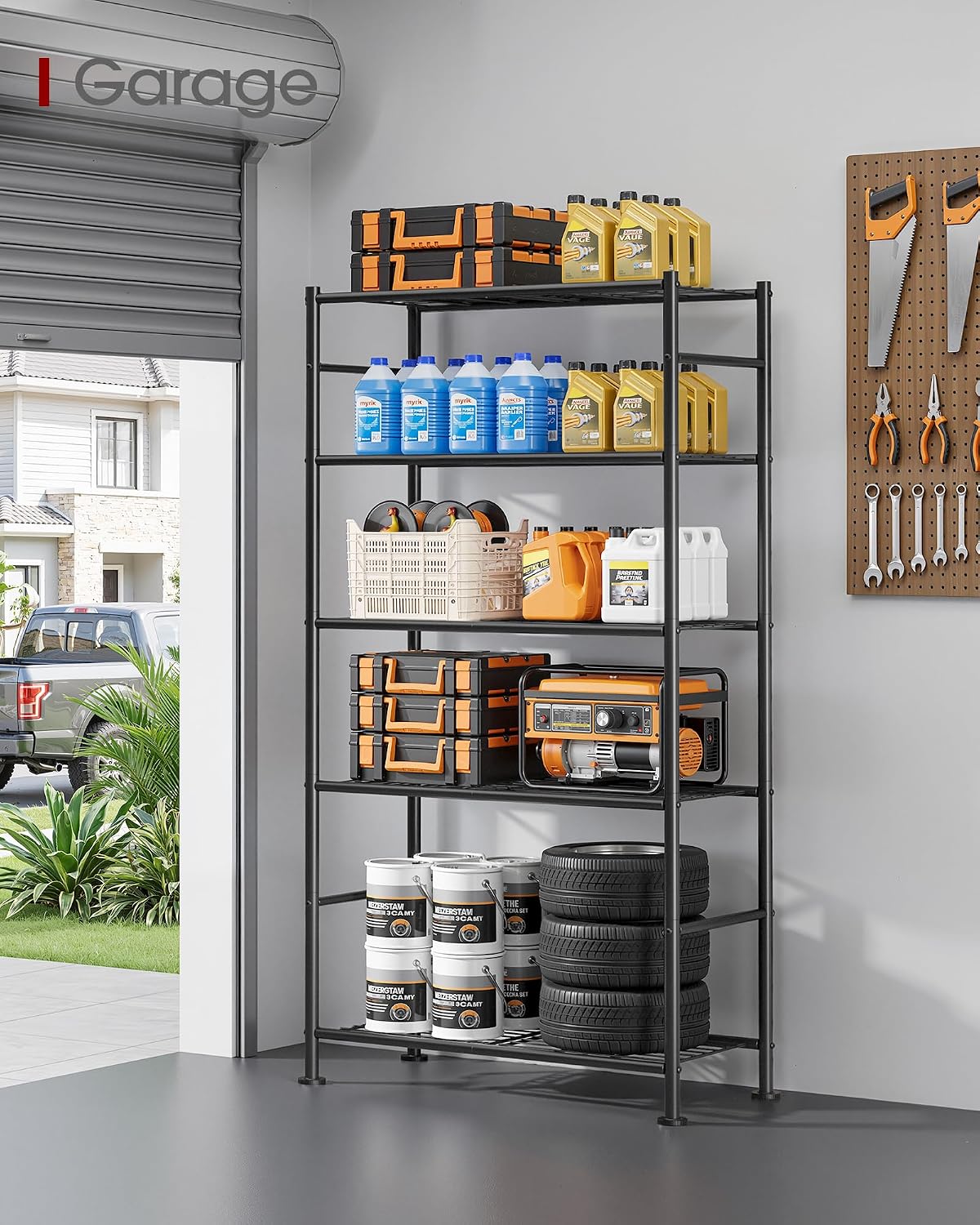 sakugi 5-tier storage shelves 33.1" x12.6" x73.5" black, front angle view