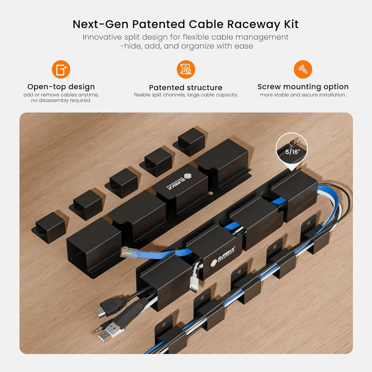 EUREKA ERGONOMIC 316PCS Under Desk Metal Cable Kit, Black