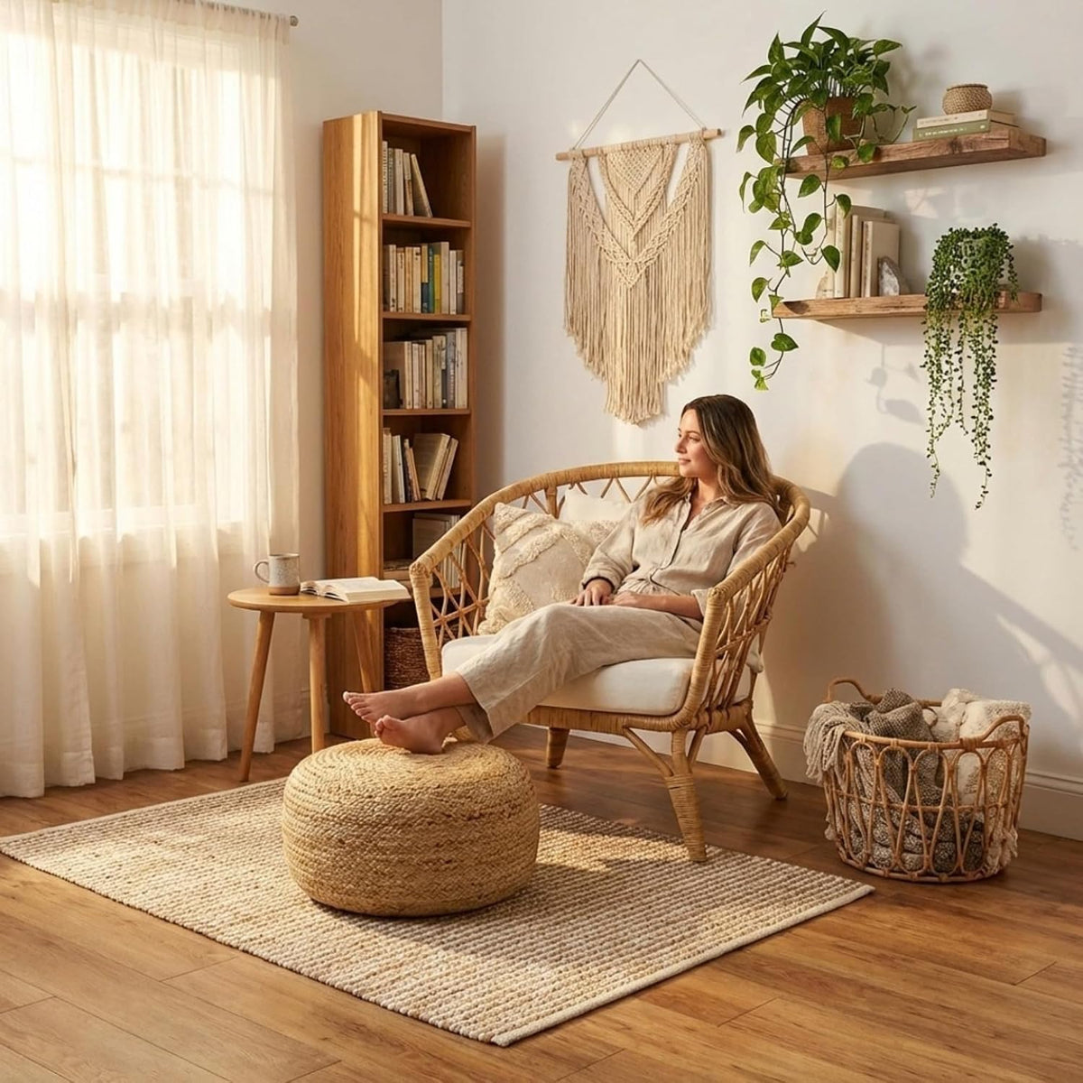 · REDEARTH · Jute Circular Low Pouf Ottoman - Boho Foot Stool - Natural