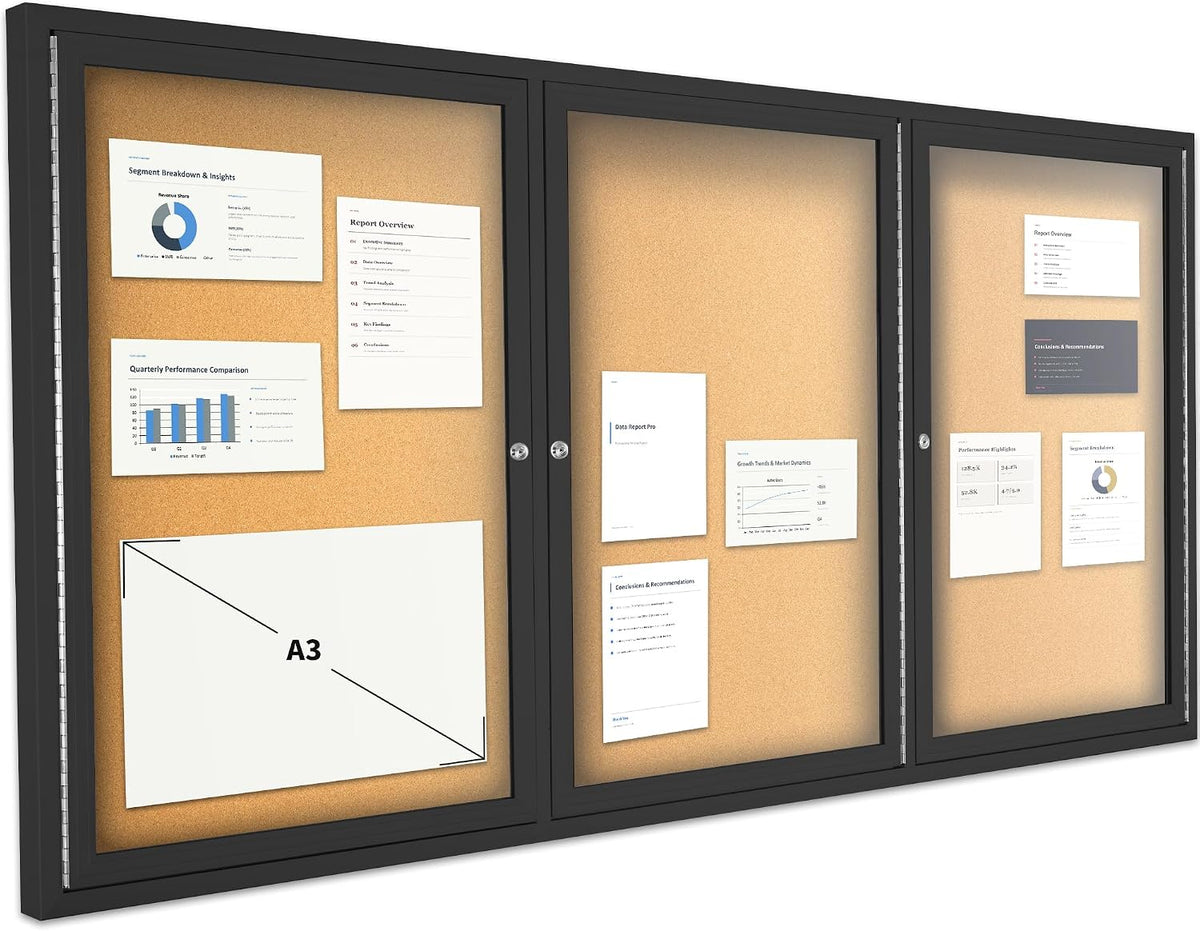 Lockable Enclosed Bulletin Board, 71 x 36 Inch 3-Door Cork Board Display Case...