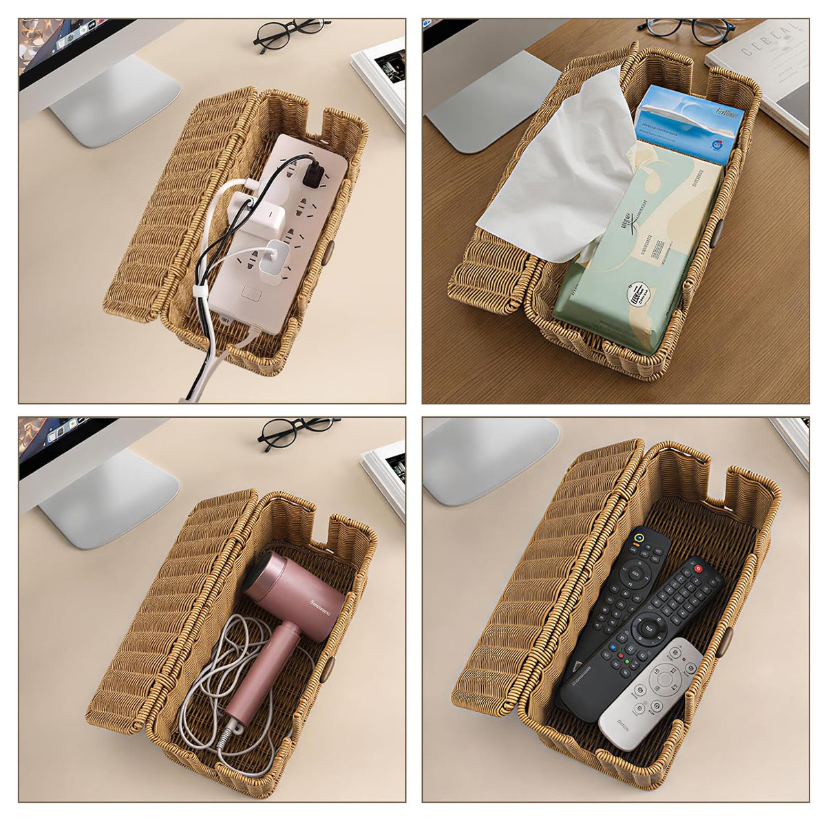 2 Pcs Large Rattan Cable Management Box, Cord Organizer Box with Lid Under De...
