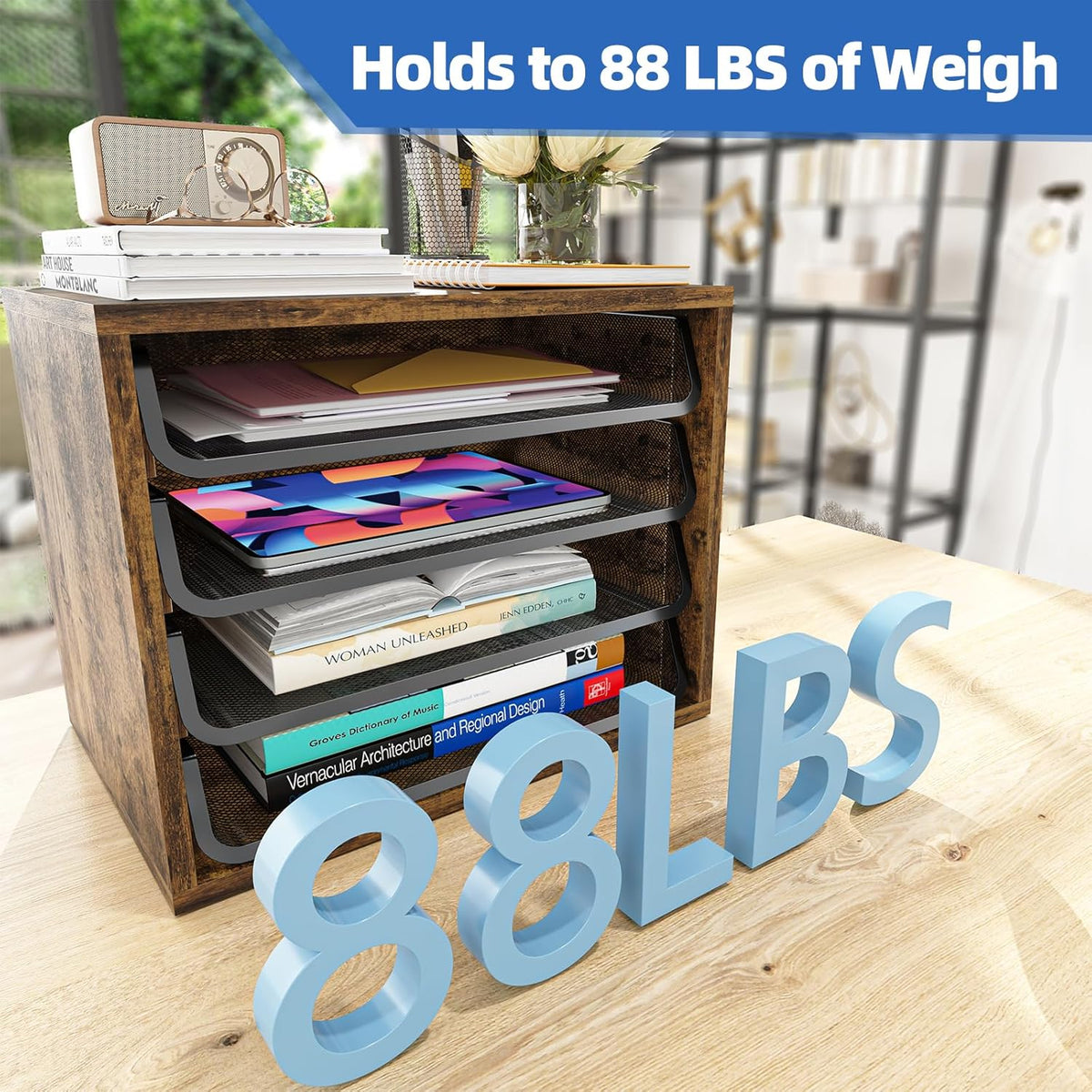 Simple Trending 4-Tier Desk File Organizer, Paper Organizer, Rustic Brown