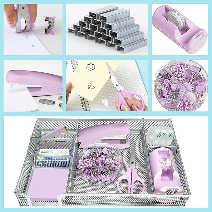 Purple Office Desk Accessories, Stapler and Tape Dispenser Set, Staple Remover - Image 4