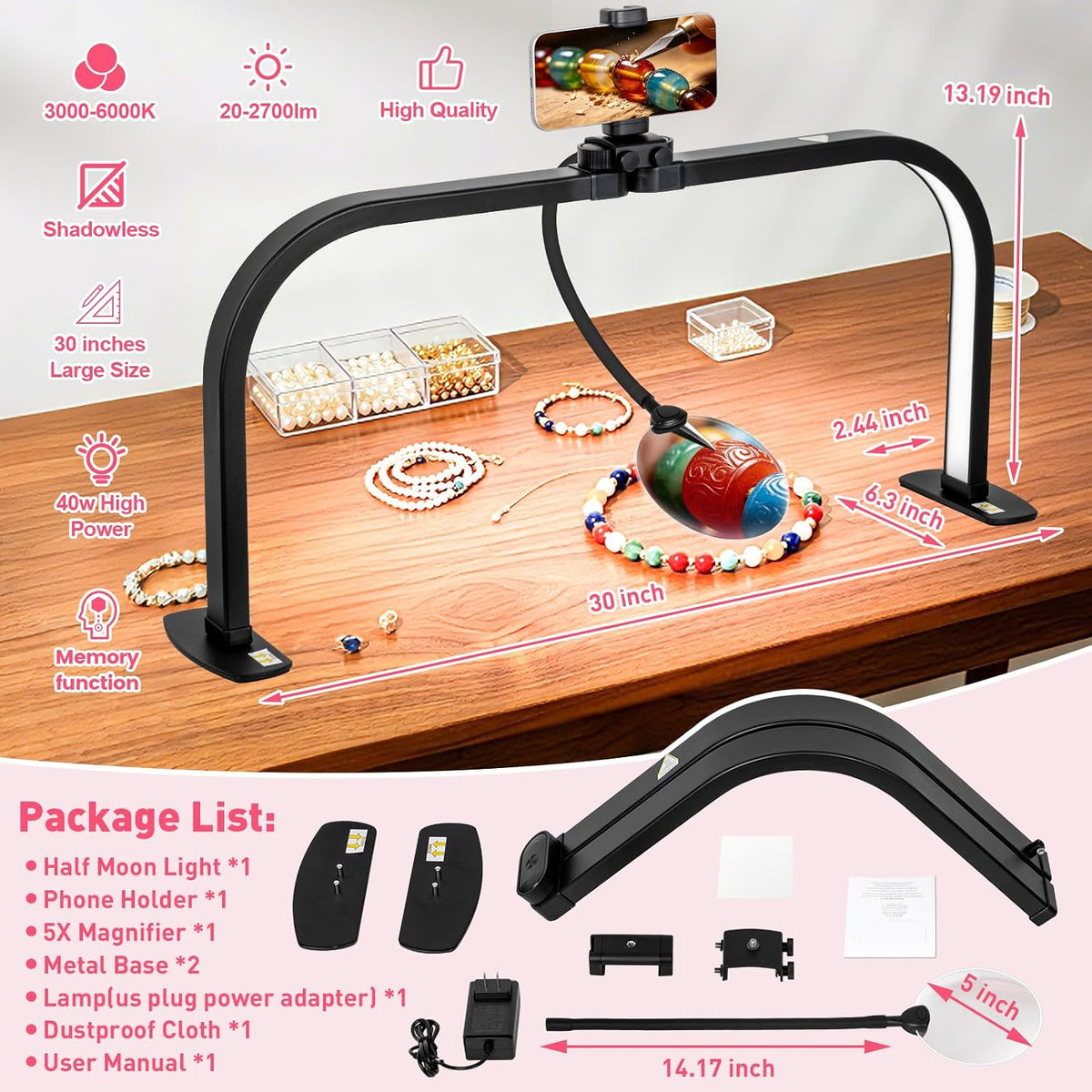 HITTI LED 5X Magnifier Half Moon Nail Desk Lamp, 30" Foldable Arch Light