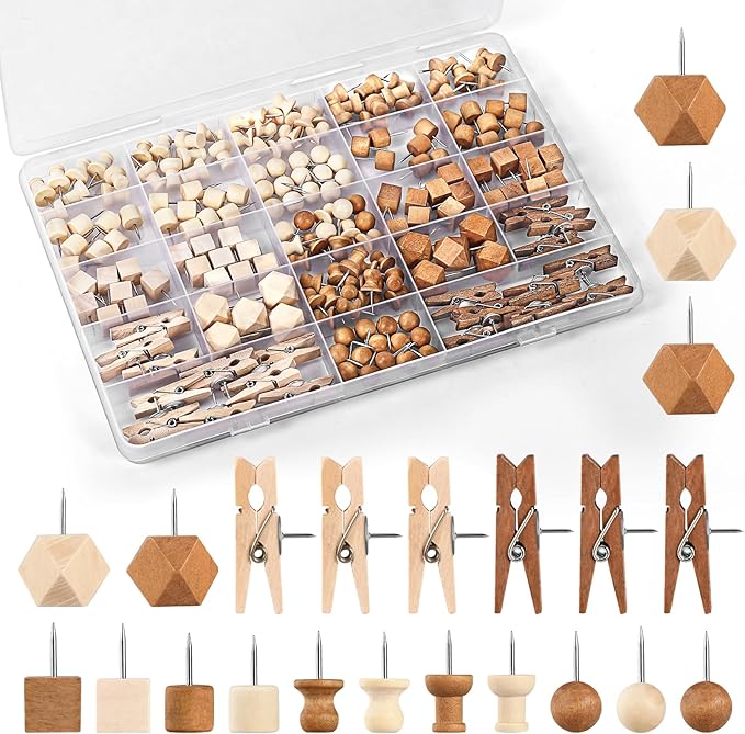 GOOLADA 200Pcs Wood Push Pins 7 Types and 2 Colors Wood Tacks Cute Push Pin by GOOLADA