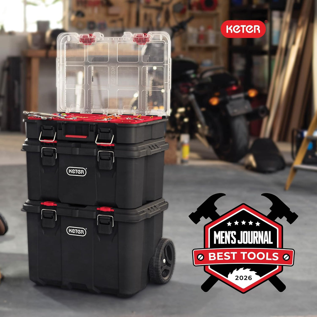 keter stack n rolling tool box modular storage, close-up detail