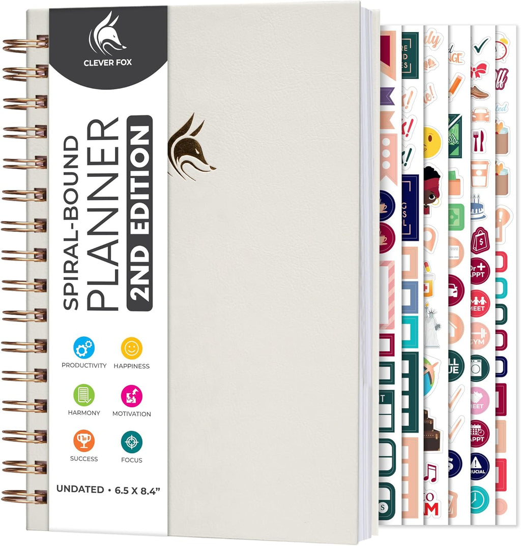 Clever Fox Planner 2.0 Spiral, Undated Weekly & Monthly, White | 5.8x8.3, colorful pages, time-management & productivity organizer, to-do list, habit tracker, start anytime w/ undated pages