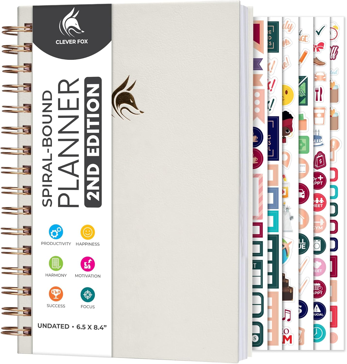 Clever Fox Planner 2.0 Spiral, Undated Weekly & Monthly, White | 5.8x8.3, colorful pages, time-management & productivity organizer, to-do list, habit tracker, start anytime w/ undated pages