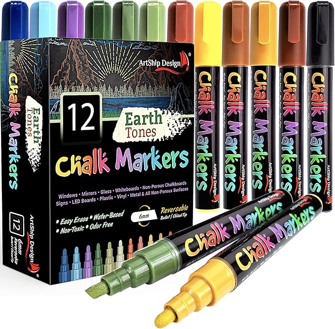 12 Earth Tone Chalk Markers Double Pack of Both Fine and Reversible Medium Tip by ArtShipDesign