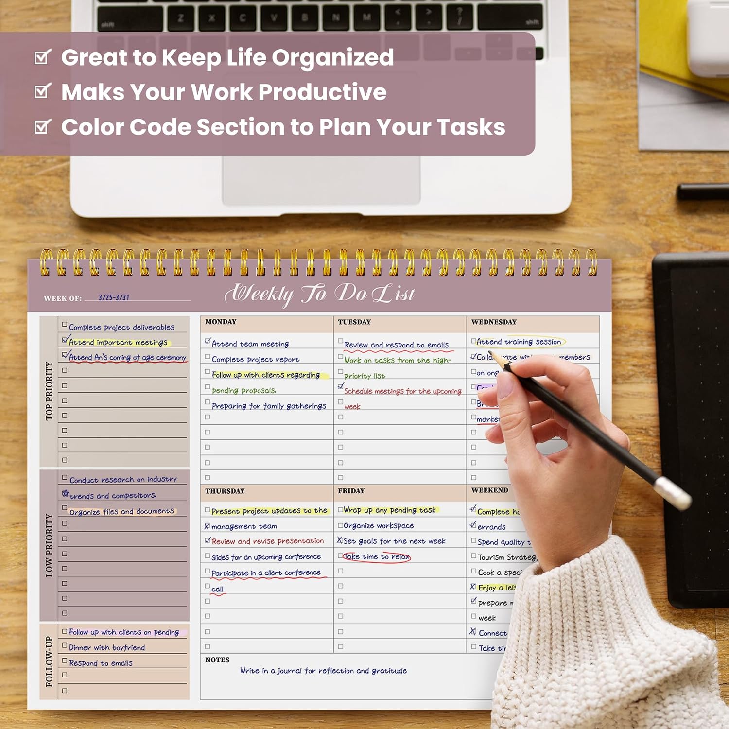 Weekly To Do List Notepad with 52 Undated Sheets（8.5"×11"）- Undated Weekly Planner Notepad for Office Desk Accessories and Supplies - Midnight Lilac