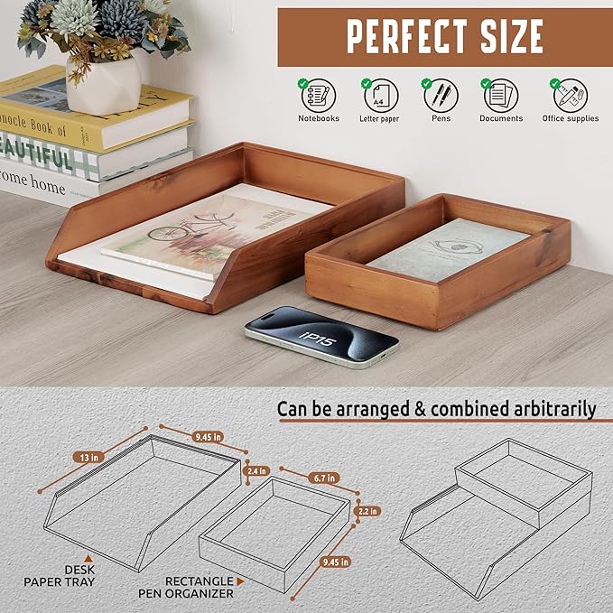 Demigo Desk Organizer Letter Tray Set of 2, Acacia Wood Tabletop Desktop - Image 2
