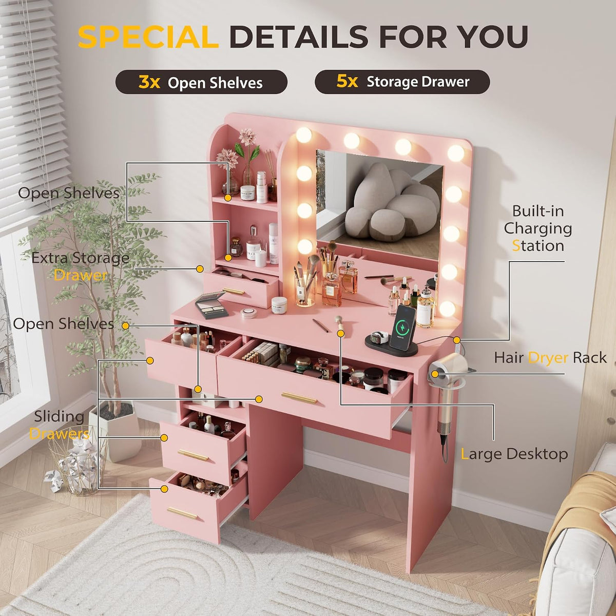 Otterease 35" Makeup Vanity Desk with LED Mirror, 5 Drawers, Pink
