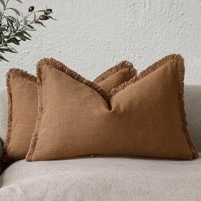 Foindtower Set of 2 Decorative Linen Fringe Throw Pillow Covers Cozy Farmhouse by Foindtower