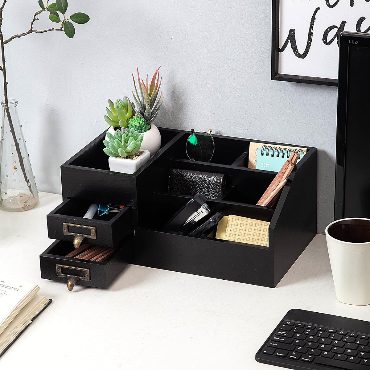 Distressed Rustic Wooden Office Desktop Organizer Wood Shelf Tabletop Home Or...