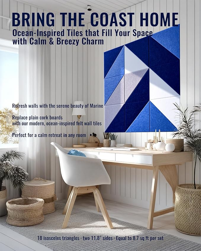 PebblingQ Felt Wall Tiles Bulletin Board, Marine Blue White Panels, Modular - Image 2
