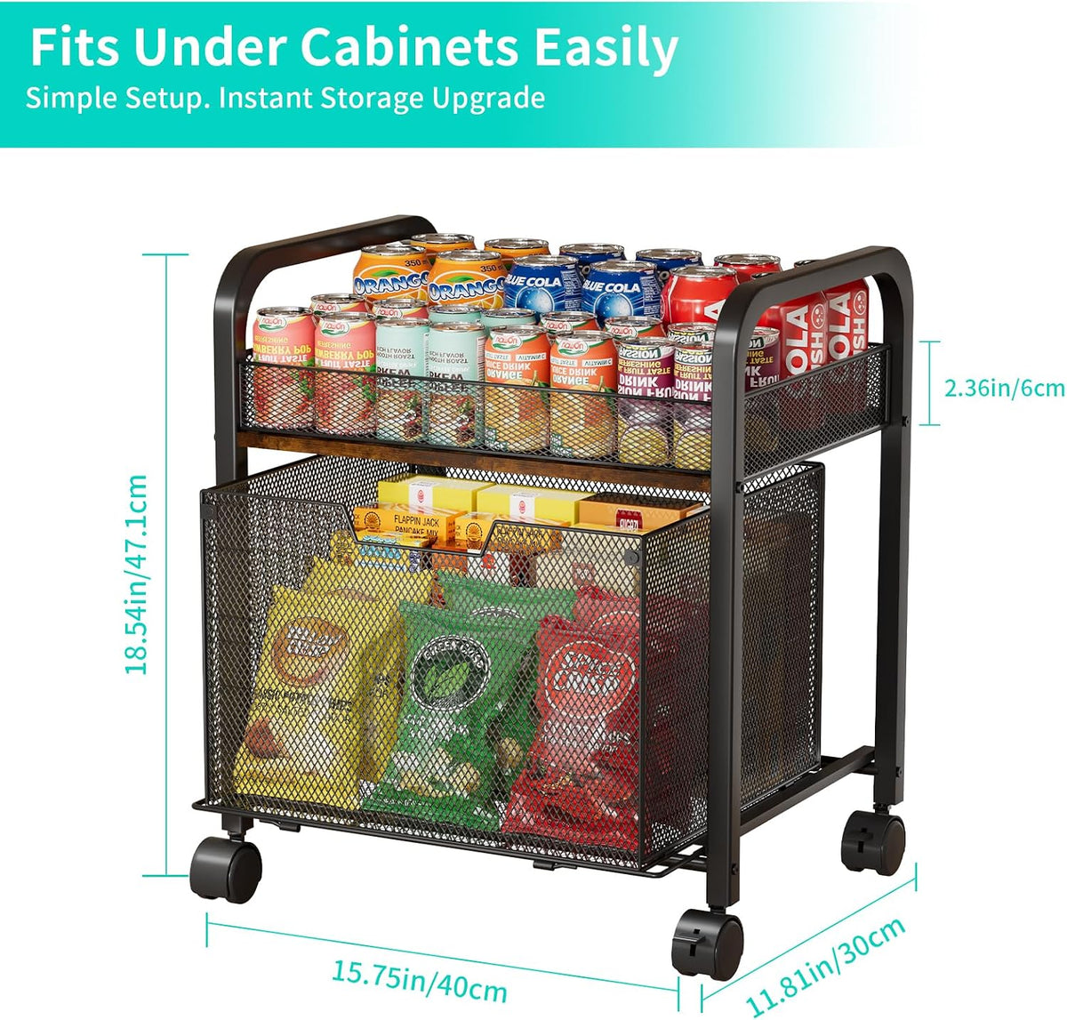HapiRm 2 Tier Rolling Pantry Organizer Cart- Snack Storage Cart with Wheels