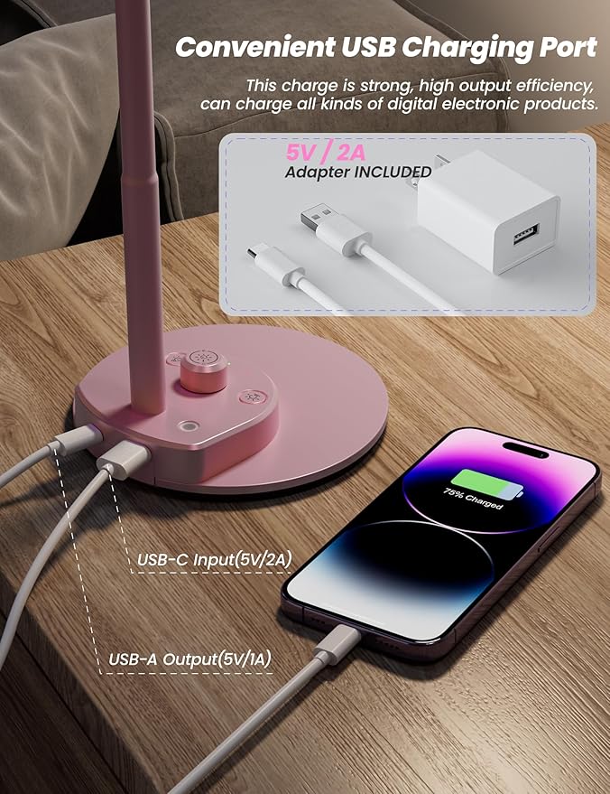 BOHON Cute Desk Lamp with USB Charging Port, Flexible Neck Auto Dimming Table - Image 4