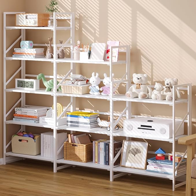 JSB No Assembly Folding Bookshelf, 5 Tier Industrial Metal Book Shelf - Image 5