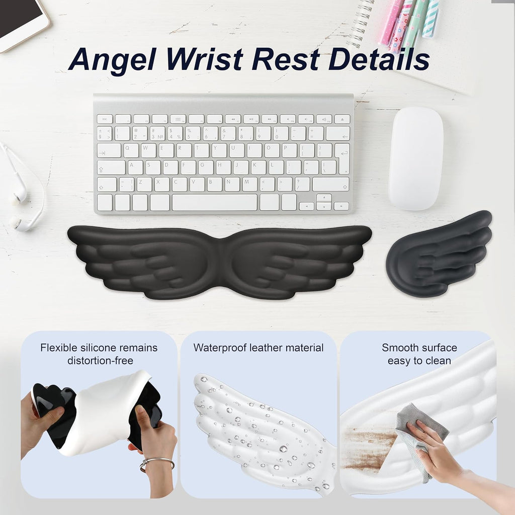 Angel Wing Wrist Rest,Cute Wrist Rest for Keyboard and Mouse,Hand Rests Set Include Ergonomic Keyboard & Mouse Hand Rest and Coaster,Filled Resilient Memory Foam,for Work,Study,Gaming (Pink)