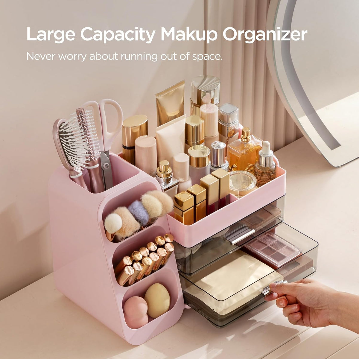 HBlife Makeup Organizer with Brush Holder for Vanity, Large Plastic Bathroom ...