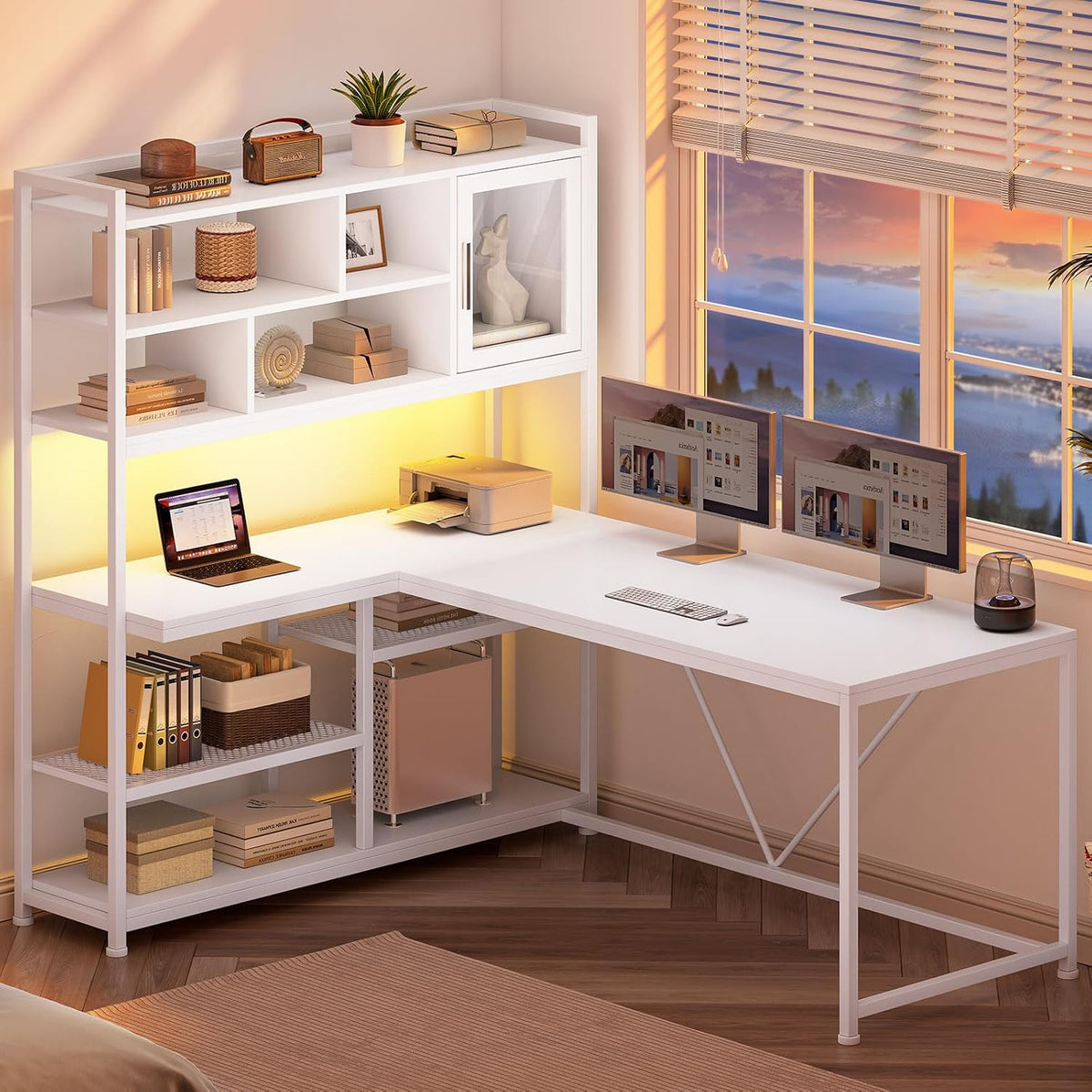 SEDETA L Shaped Computer Desk with Storage Shelves and Bookshelf, White