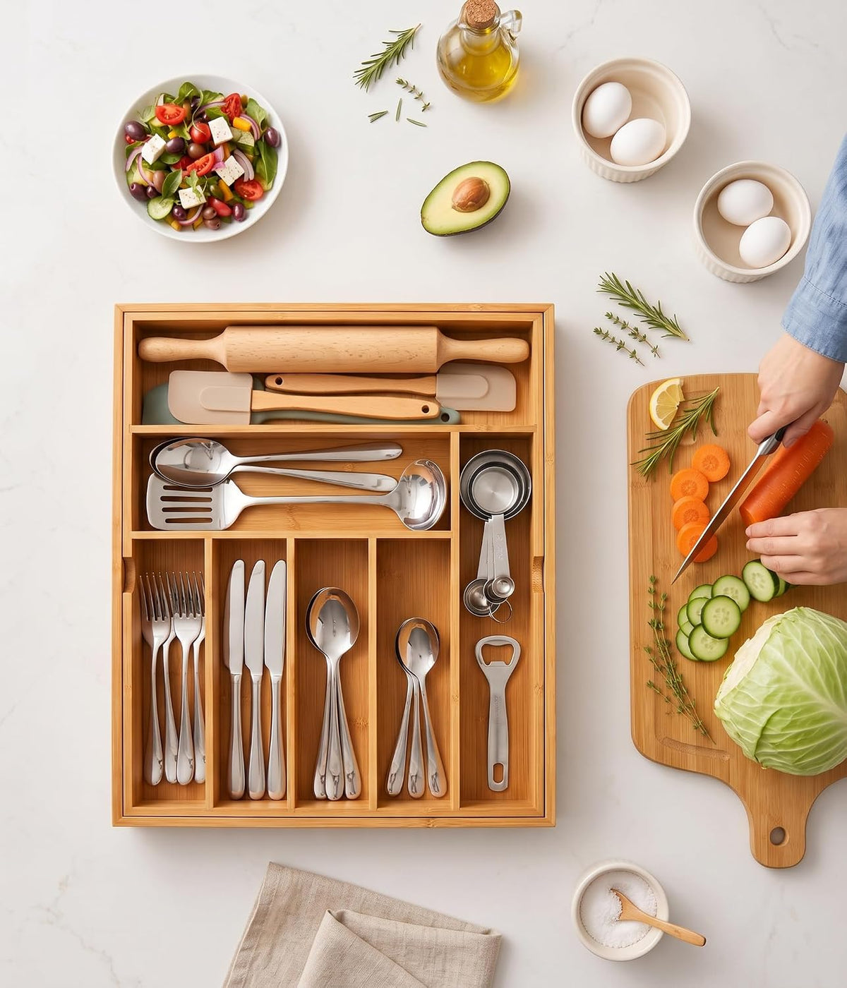 Expandable Bamboo Silverware Organizer, Kitchen Utensil Drawer Organizer