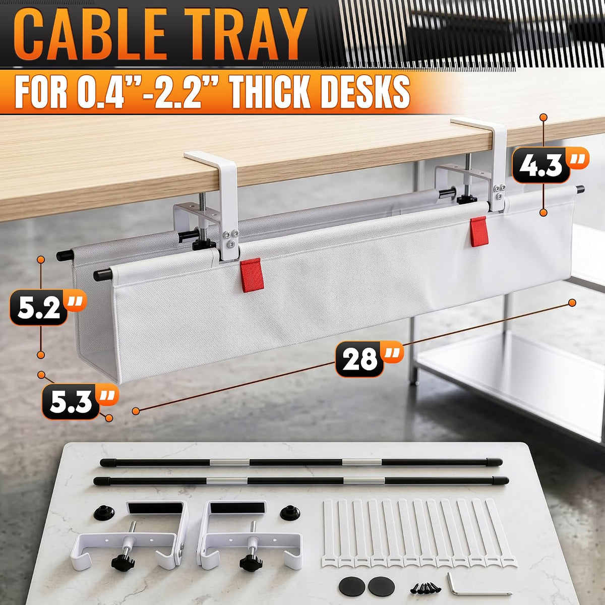 Under Desk Cable Management Tray 28" — No Drill Clamp-On Cord Organizer ...