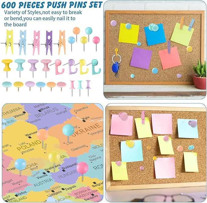 600 Pcs Decorative Push Pins, Colorful Thumb Tacks 6 Types Cute Push Pin Clips - Image 5